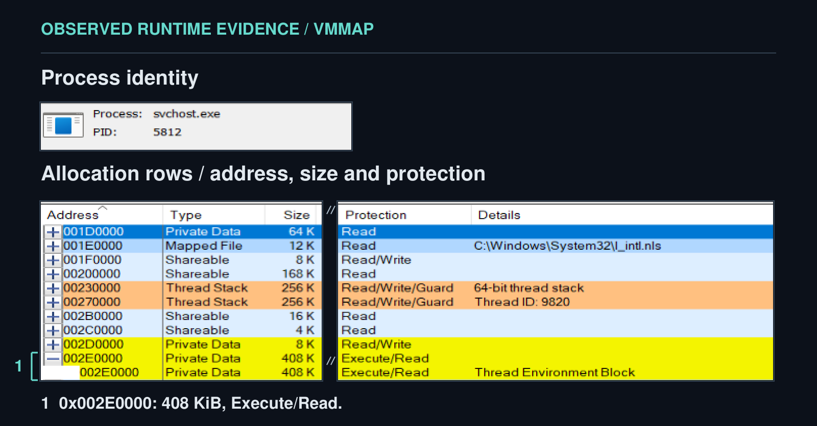 Private executable allocation in svchost.exe, PID 5812.