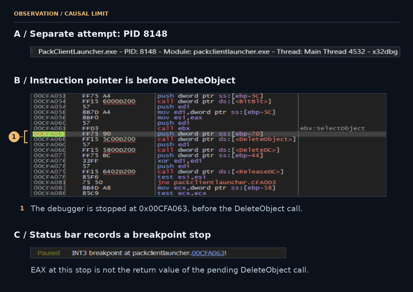 The debugger is stopped before deletion.